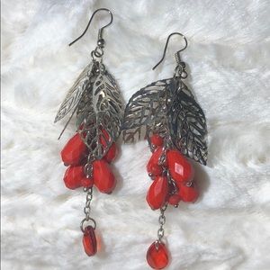 Red beaded leaf fashion hook earrings